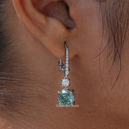 [Cyan Blue Portuguese Round Cut Moissanite Earrings]-[Golden Bird Jewels]