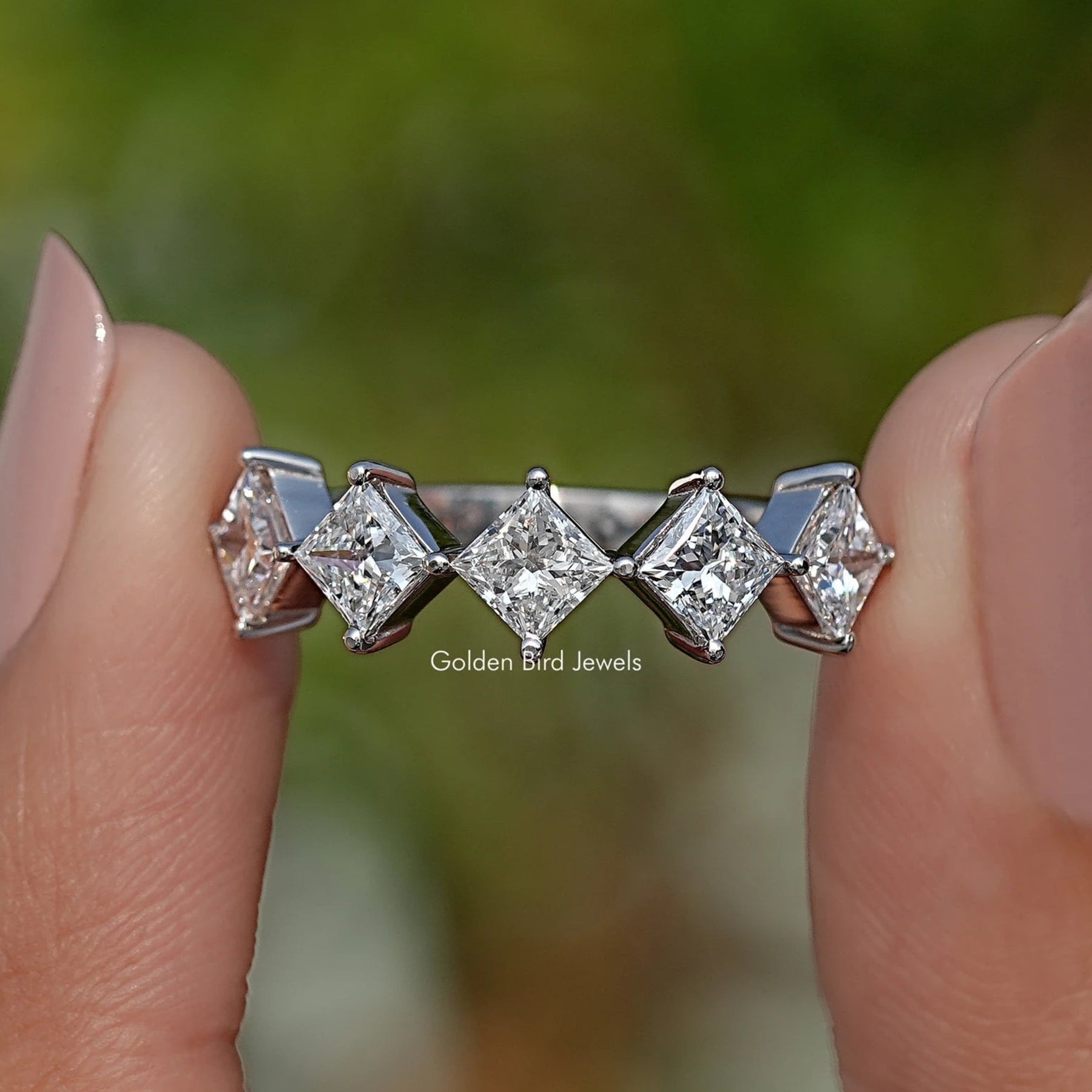 Front View of Princess Cut Lab Diamond Five Stone Ring
