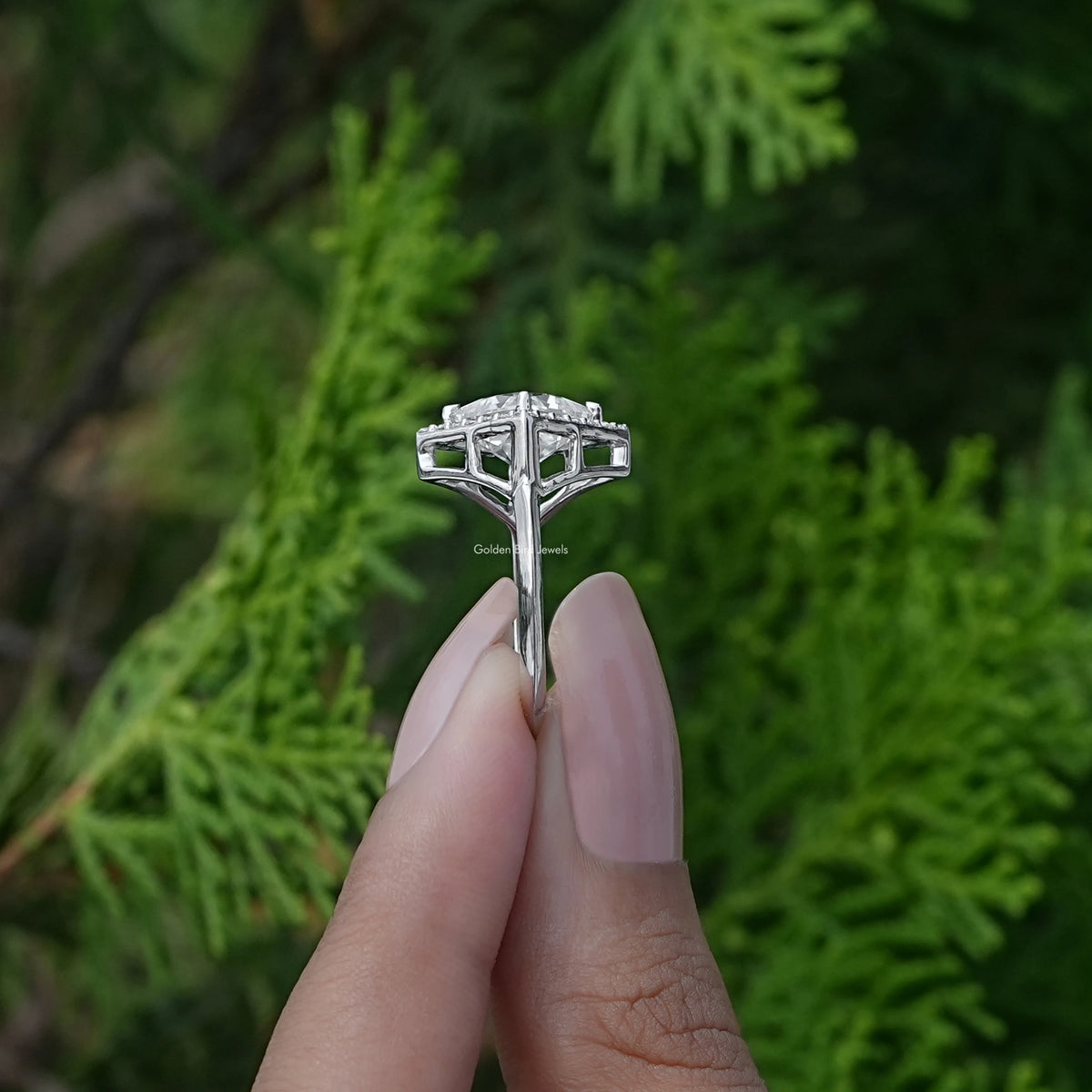 Side View of Princess Cut Diamond Halo Engagement Ring