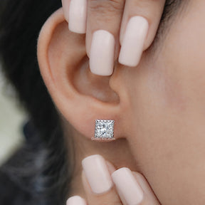 Front view of Princess Diamond Milgrain Stud Earrings
