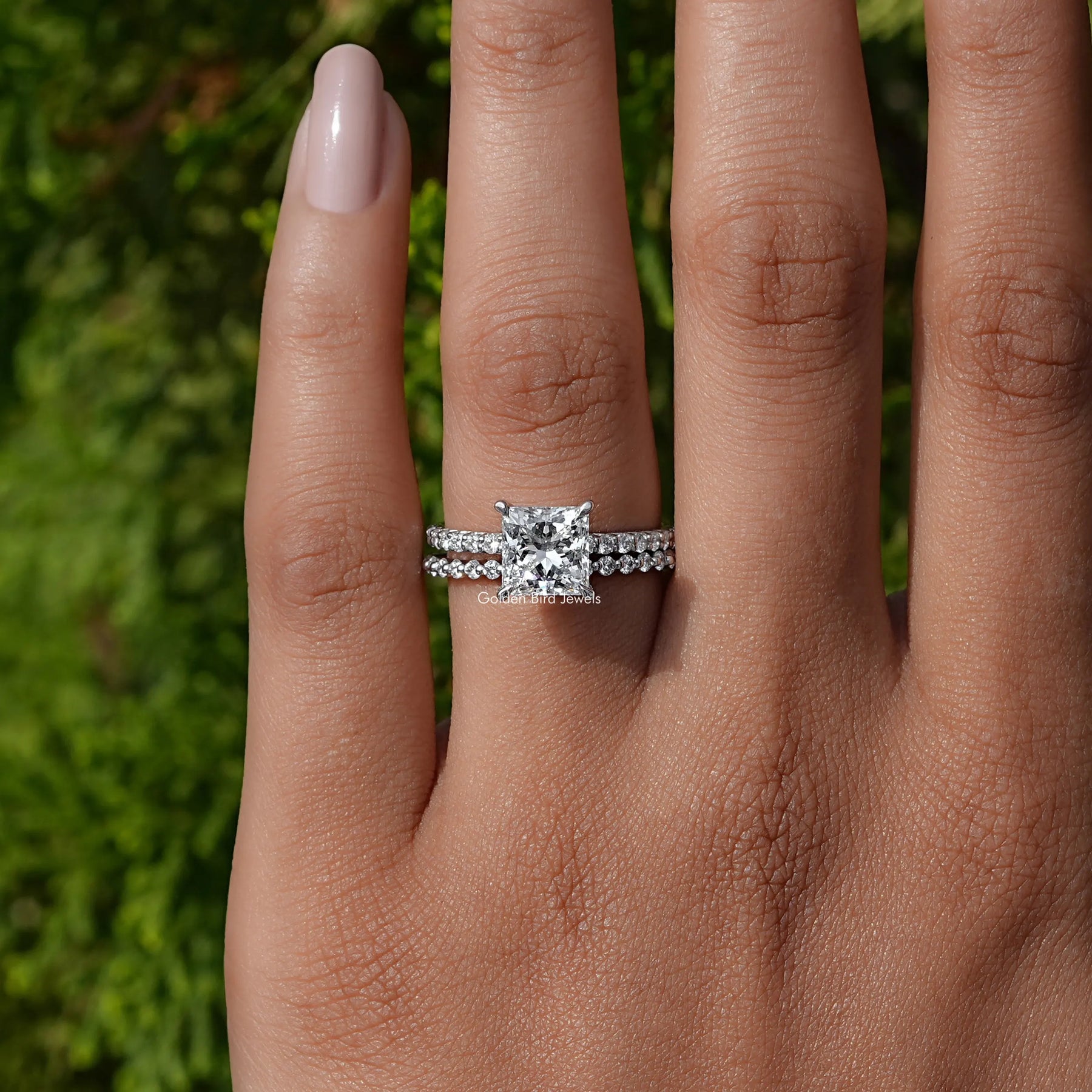 Close-Up View of A Princess Cut Lab Diamond Ring 
