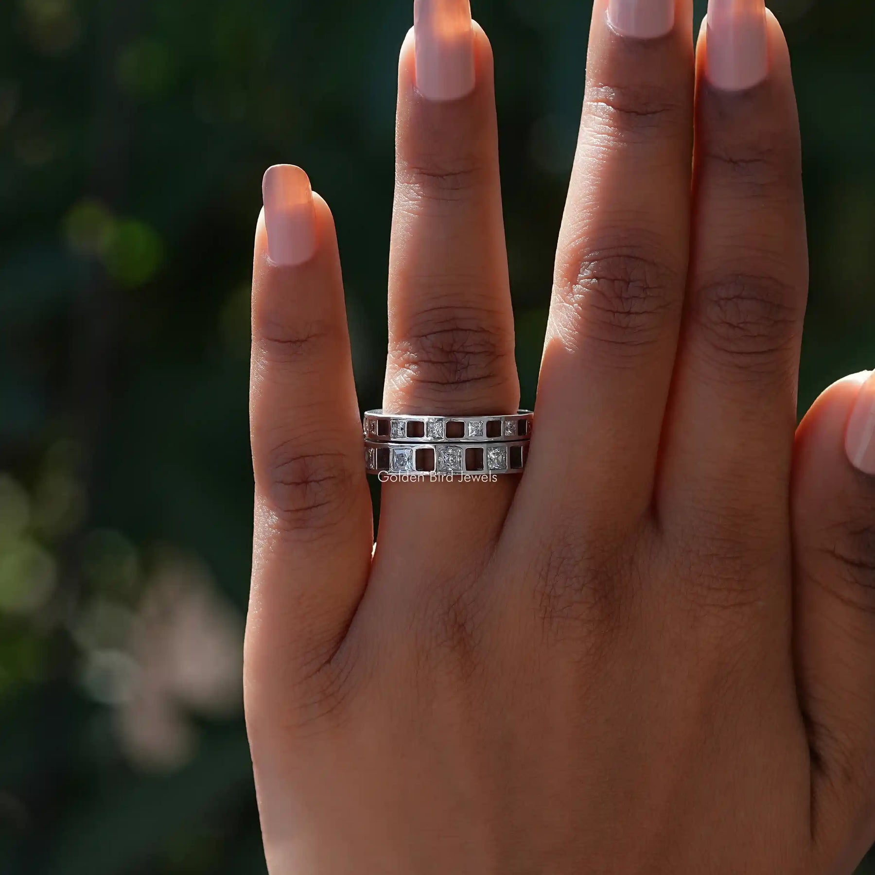 [White Gold Princess Cut Moissanite Wedding Band]-[Golden Bird Jewels]