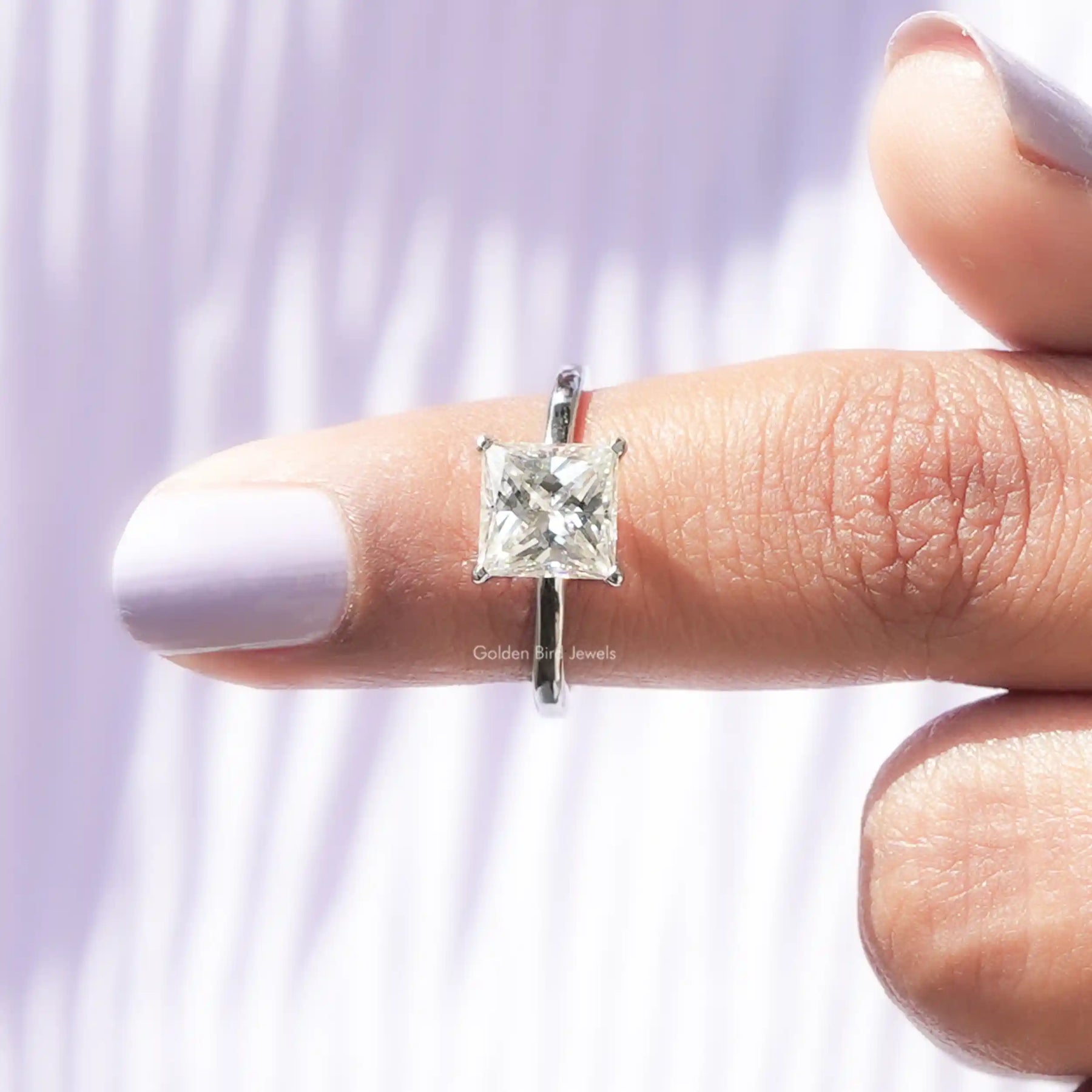 In finger front View of Solitaire Princess Cut Moissanite Ring