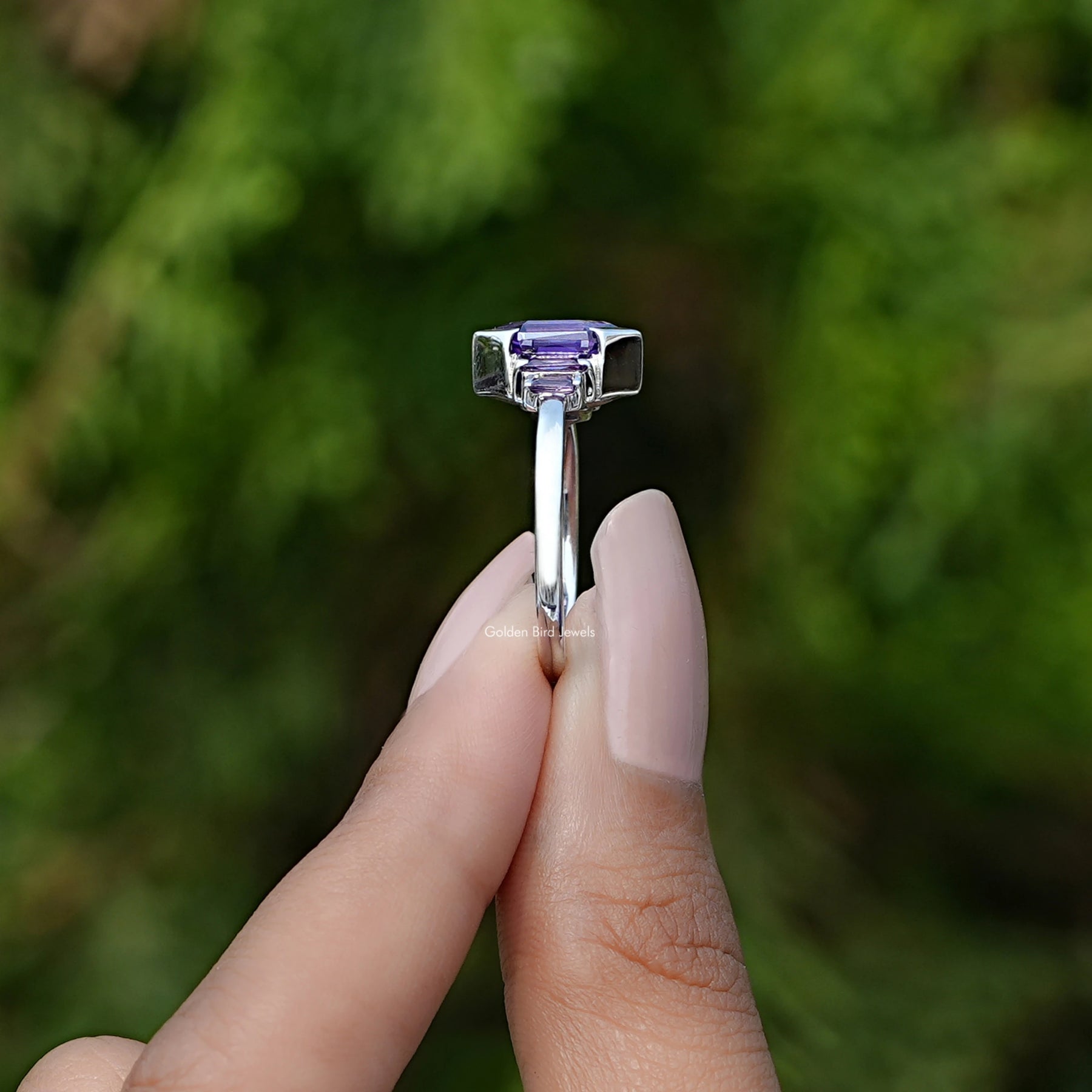 Purple Amethyst Hexagon Gemstone Bezel Ring