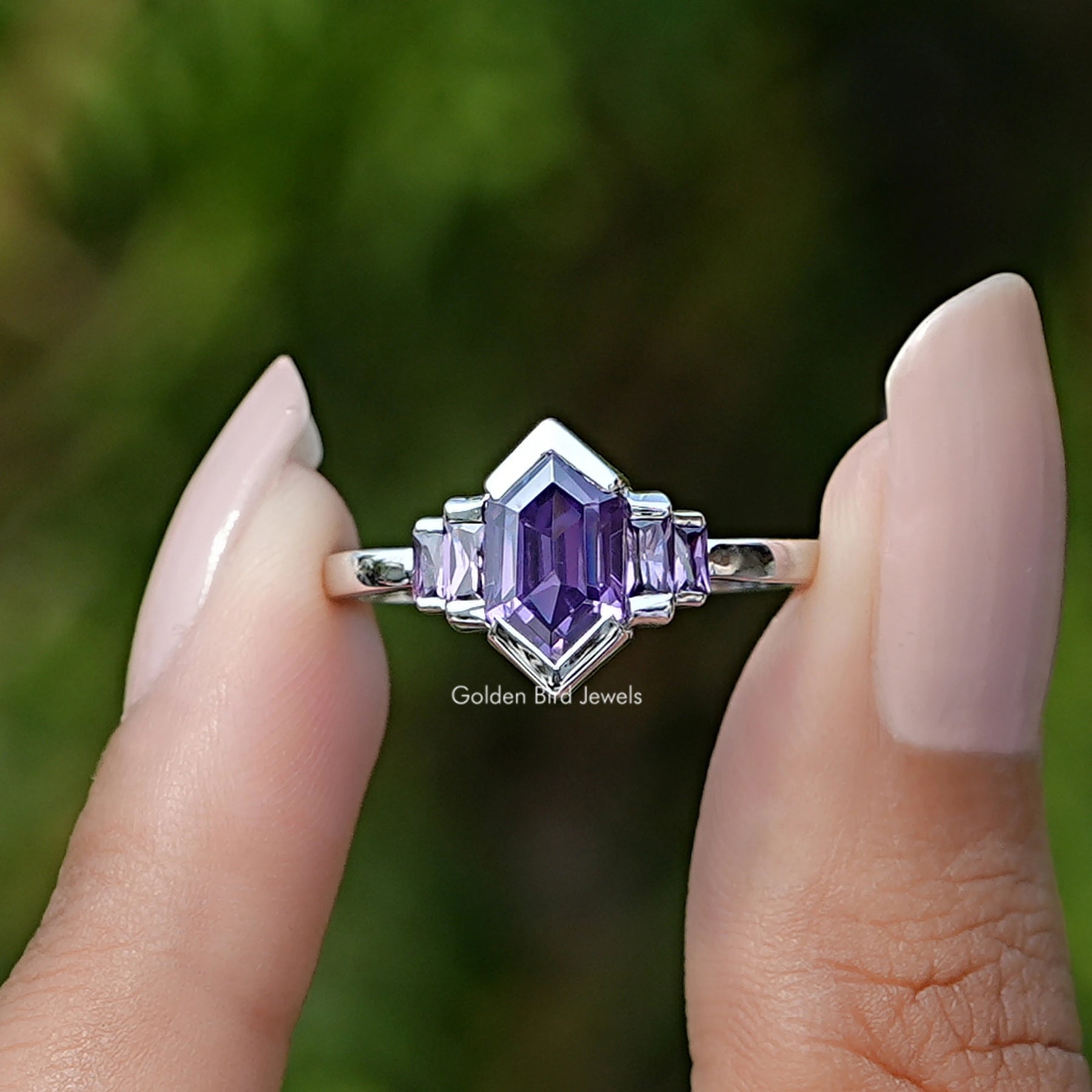 Purple Amethyst Hexagon Gemstone Bezel Ring