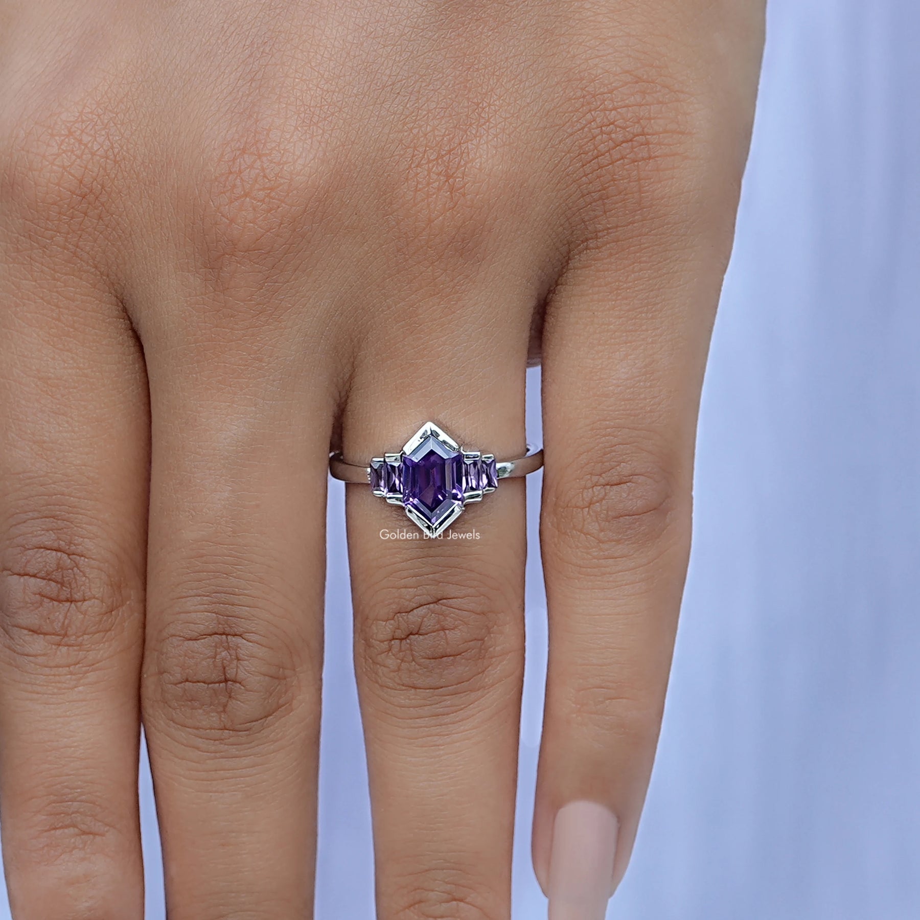 Purple Amethyst Hexagon Gemstone Bezel Ring