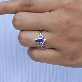 Purple Amethyst Hexagon Gemstone Bezel Ring