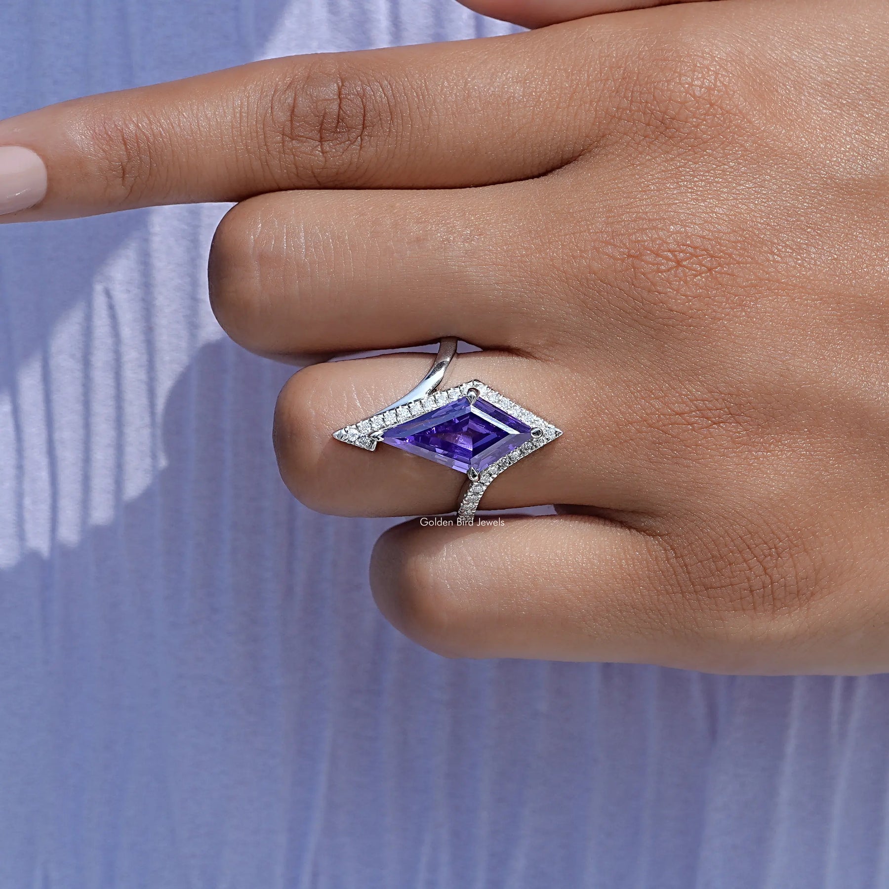 Purple Amethyst Kite Gemstone Halo Accent Ring