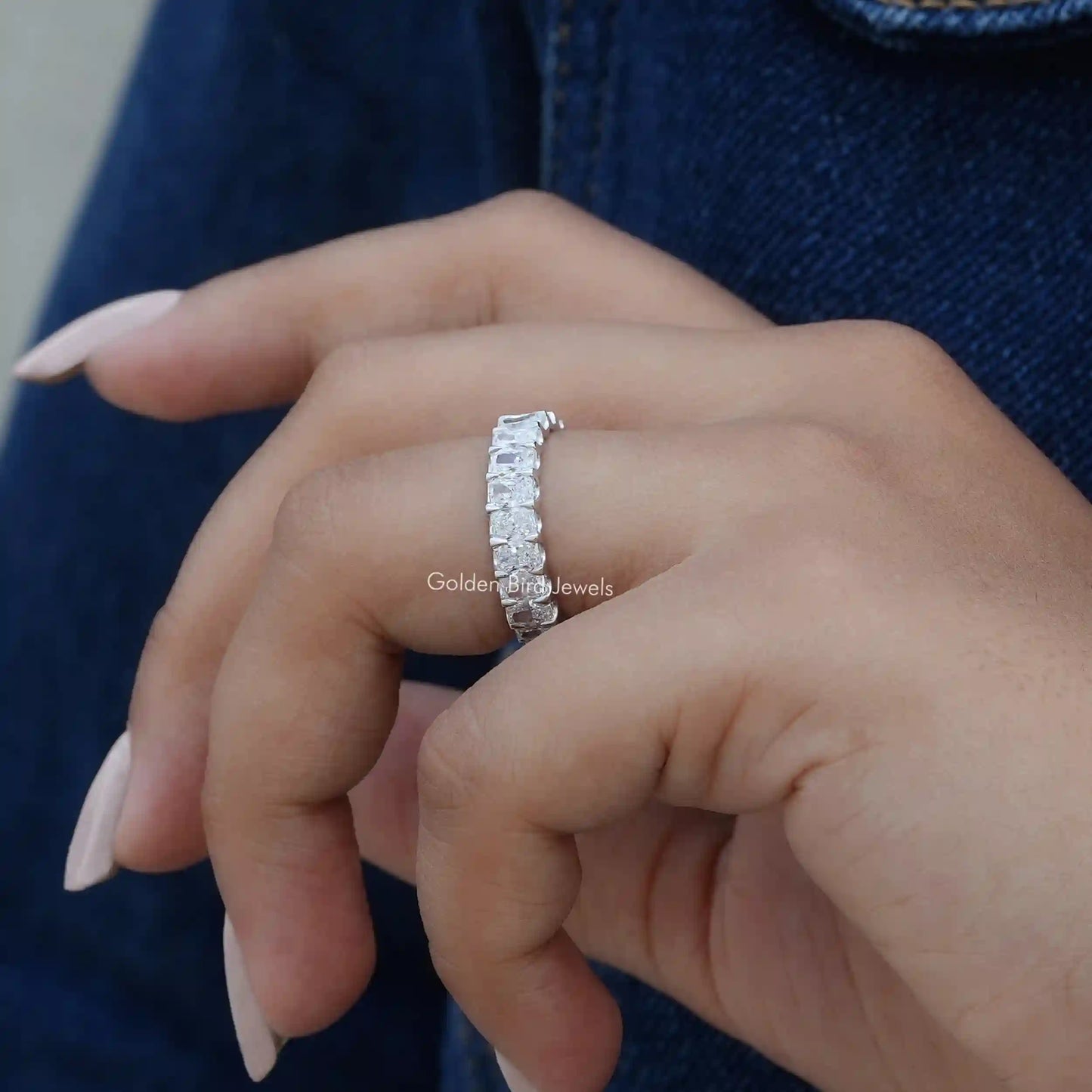Side View of Radiant Cut lab-grown diamond anniversary band In Finger