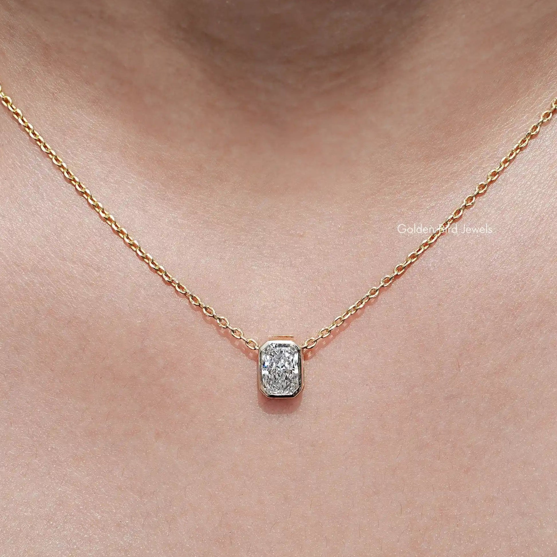Front View of Radiant Cut Lab Diamond Bezel Set Solitaire Pendant
