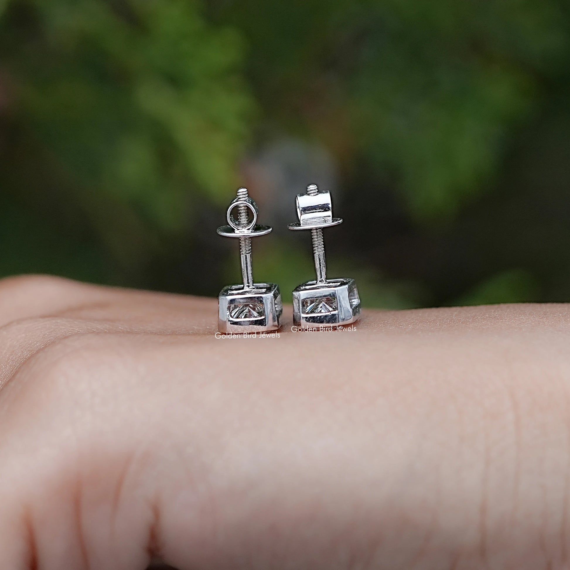 Back View of Radiant Cut Diamond Stud Earrings in screw back