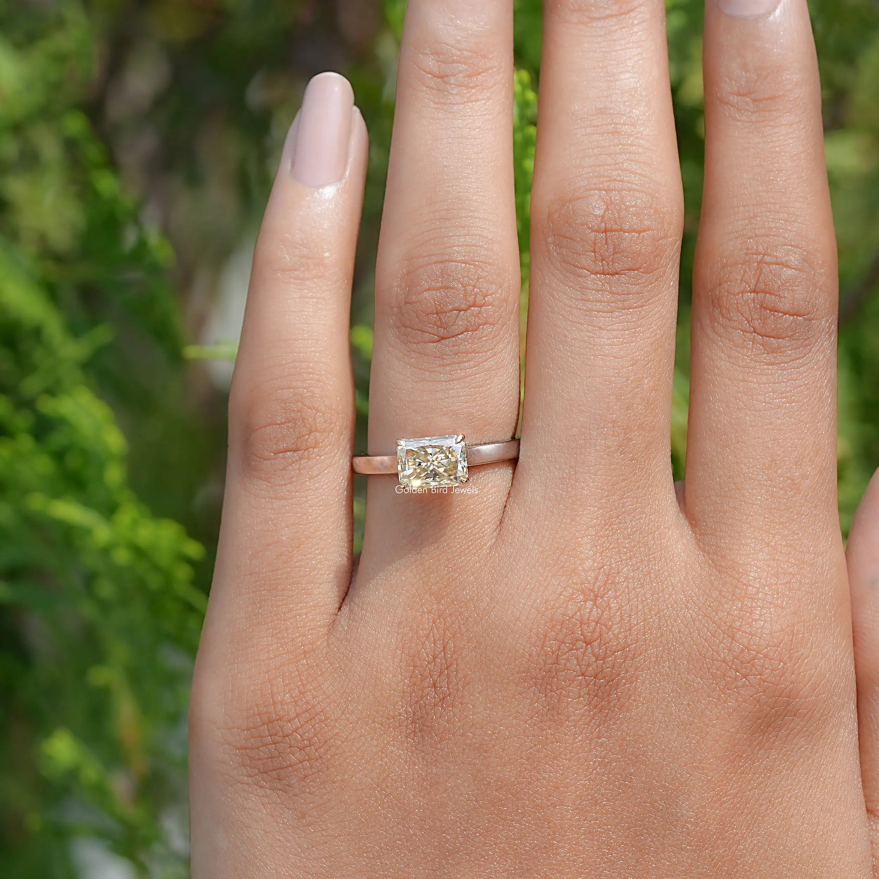 East West Yellow Radiant Moissanite Solitaire Ring