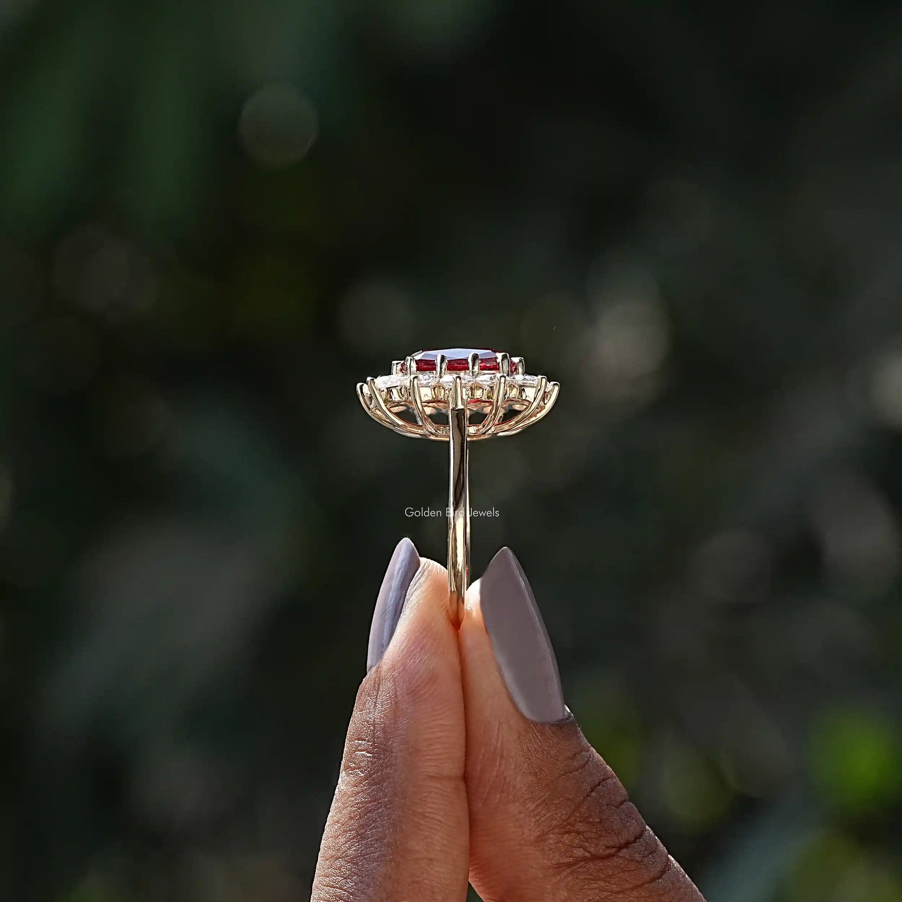 [Red Ruby Cushion And Round Cut Halo Ring]-[Golden Bird Jewels]