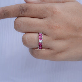 Close View Of Emerald Shaped Gemstone Seven Stone Band

