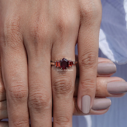 Red Ruby Hexagon Cut Gemstone 5 Stone Ring