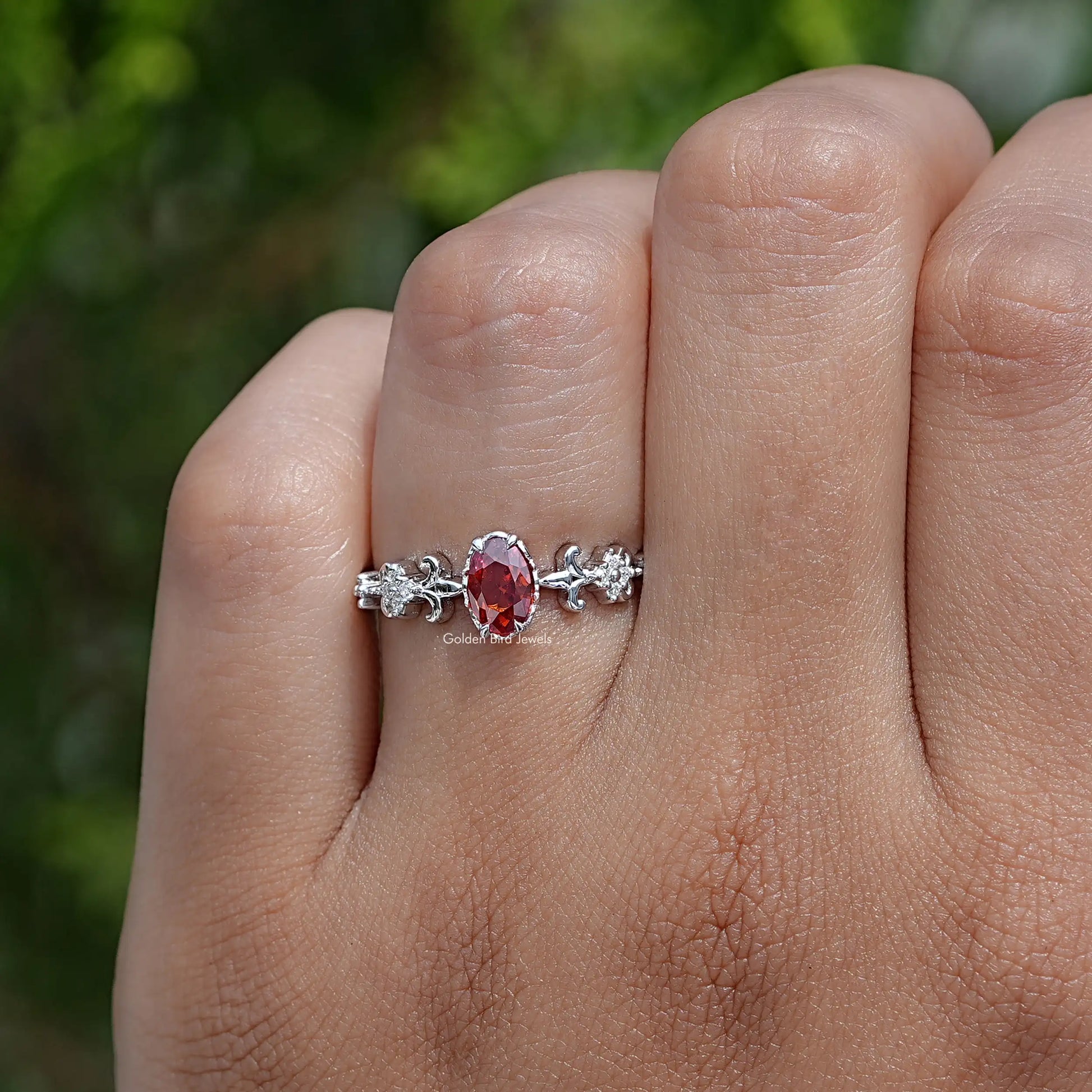 Oval Cut Gemstone Accent Stone Ring In White Gold