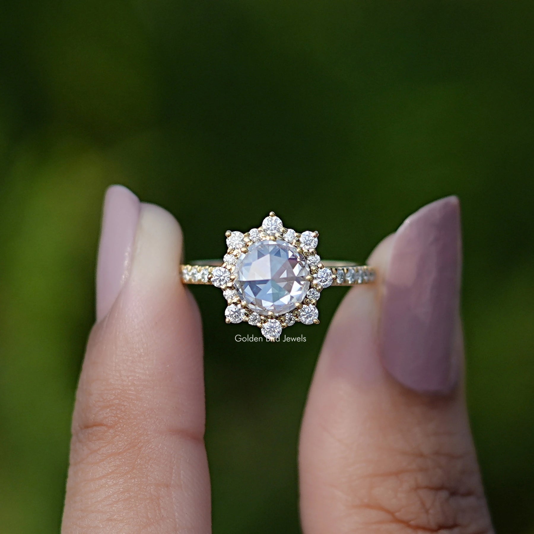 Rose Cut Round Halo Moissanite Ring