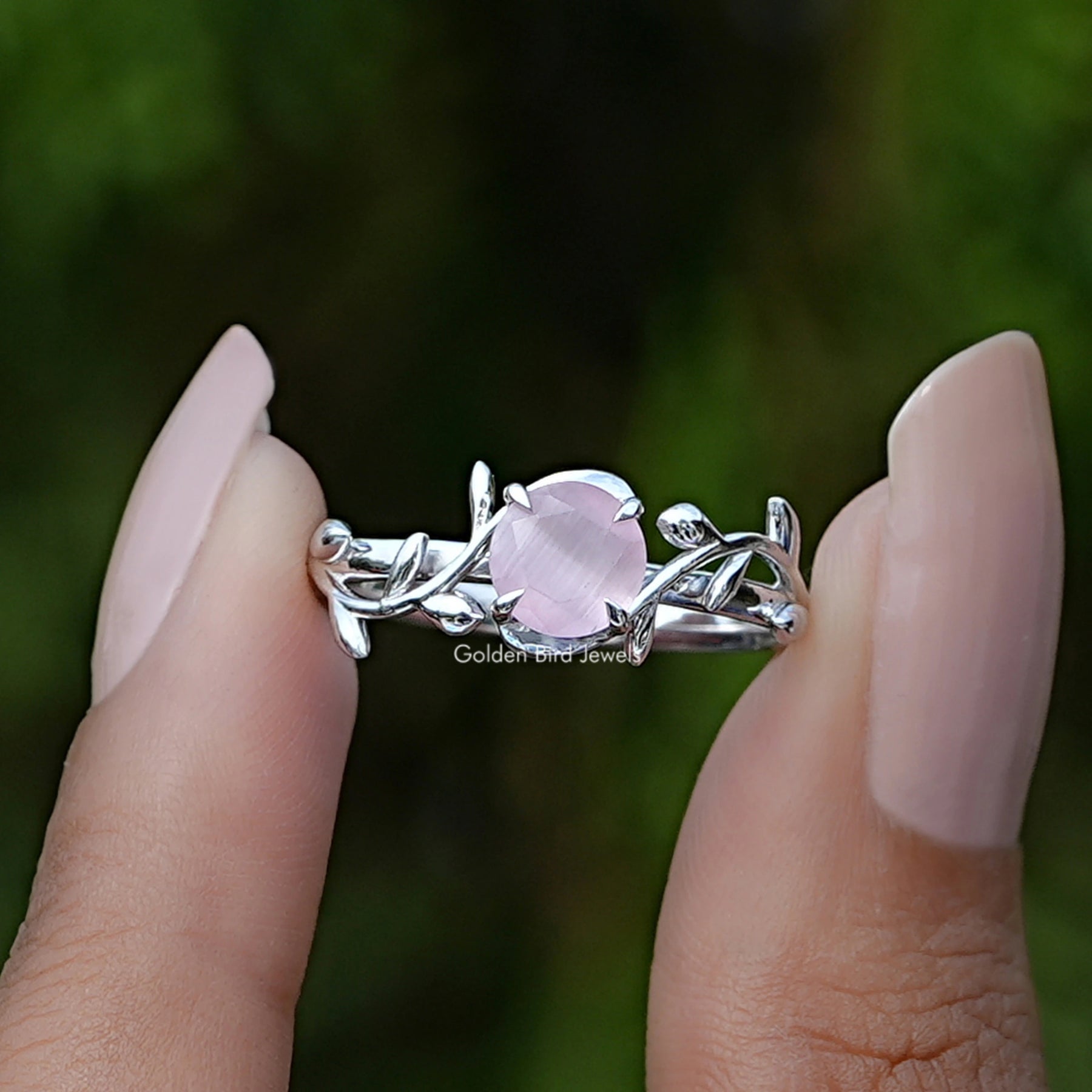 Rose Quartz Round Gemstone Leaf Style Ring