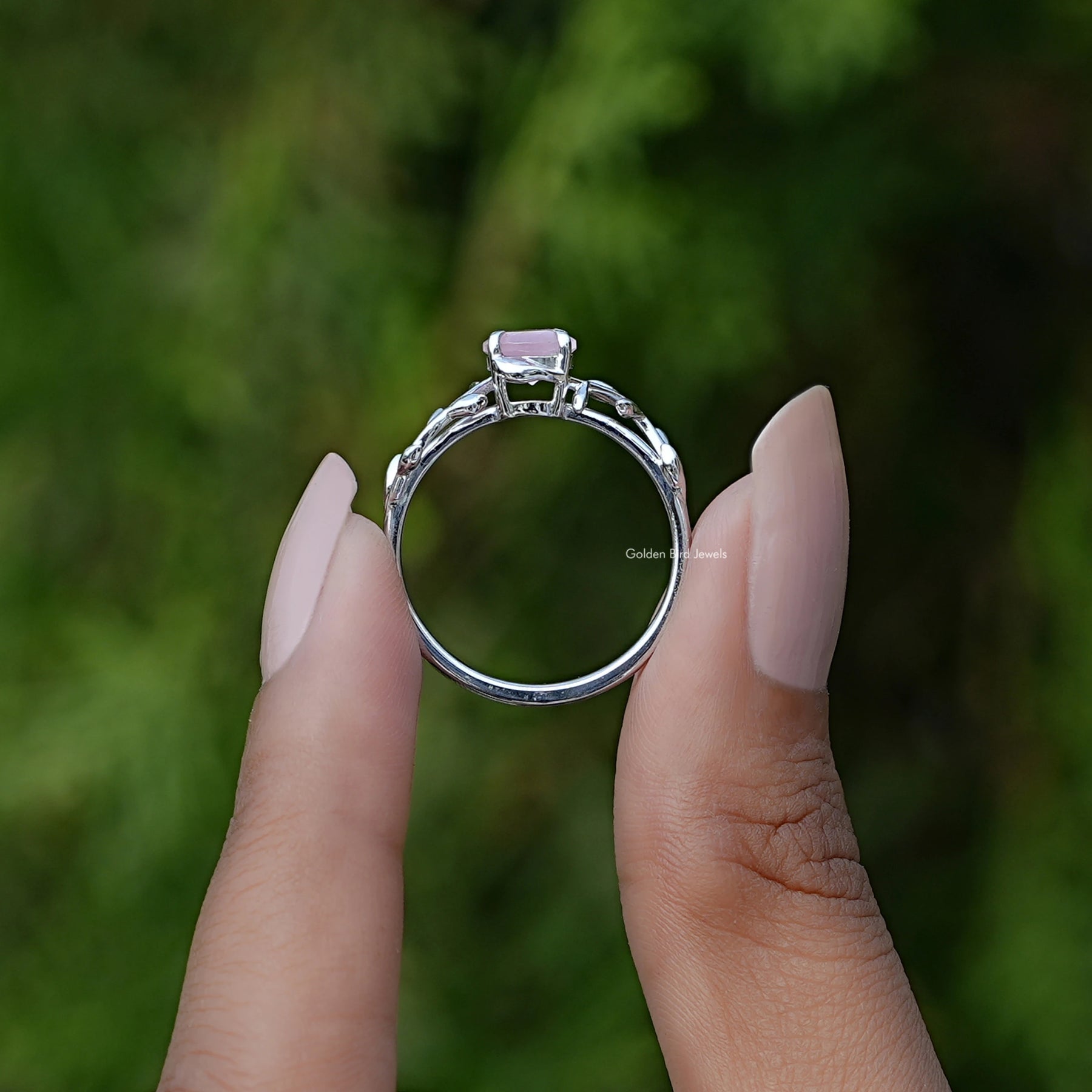 Rose Quartz Round Gemstone Leaf Style Ring