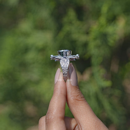 Side View of Long Art Deco Round Moissanite Engagement Ring
