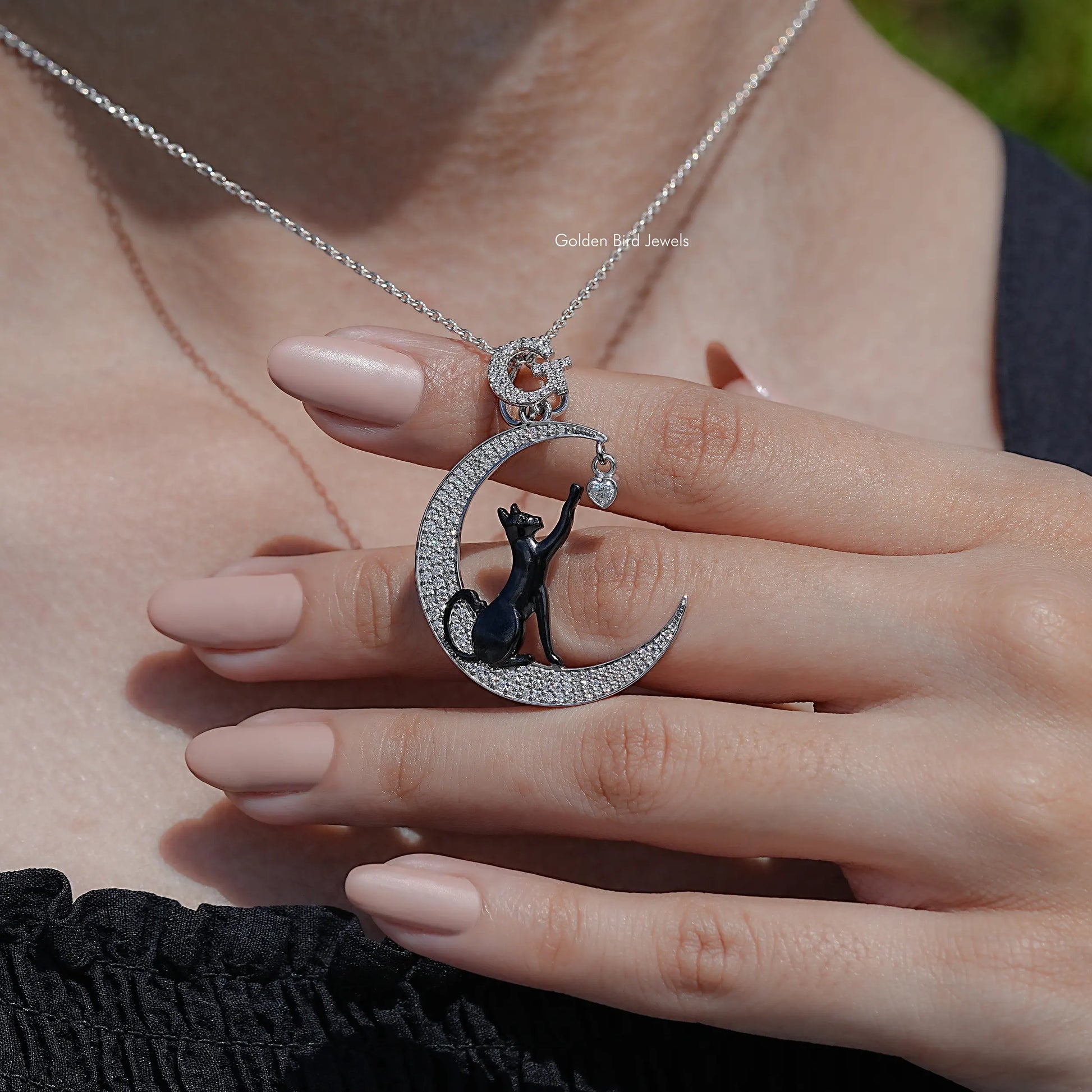 neck View of Round Cut Cat And Moon Moissanite Pendant
