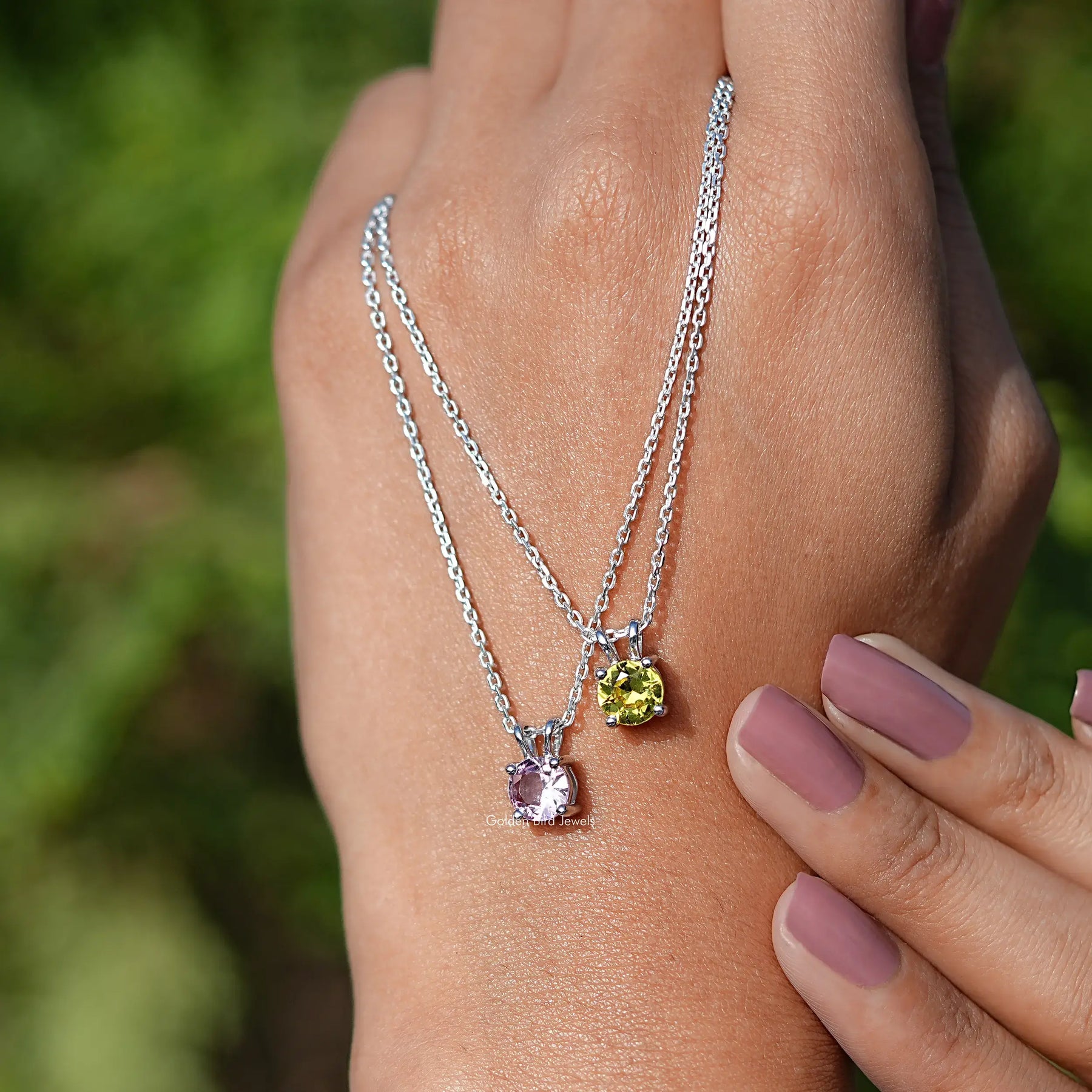 Two Round Cut Gemstone Pendant Necklace in Yellow on Hand