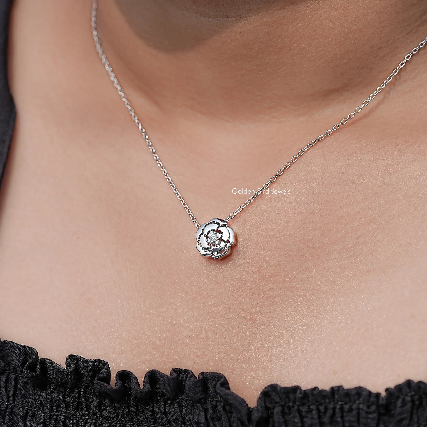 neck View of Round Floral Solitaire Pendant
