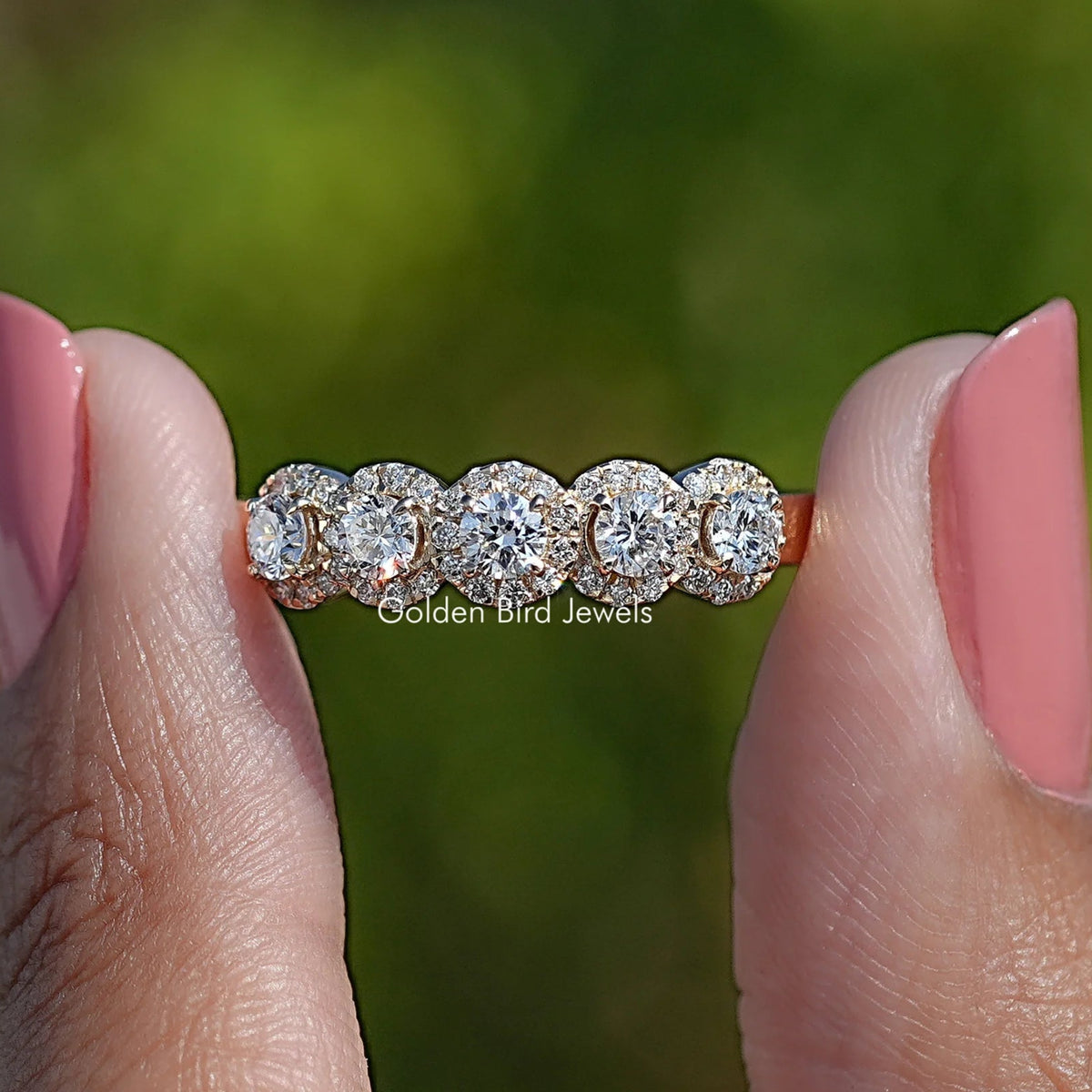 Front View of Round Cut Lab Diamond Five Stone Halo Band
