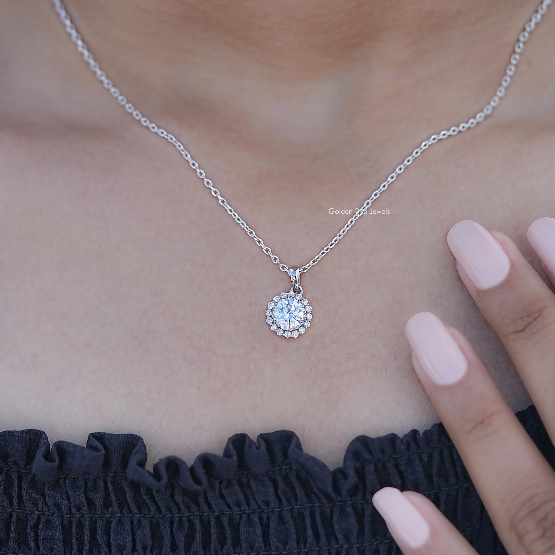In Neck View of Round Cut Lab Diamond Halo Necklace