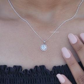 In Neck View of Round Cut Lab Diamond Halo Necklace