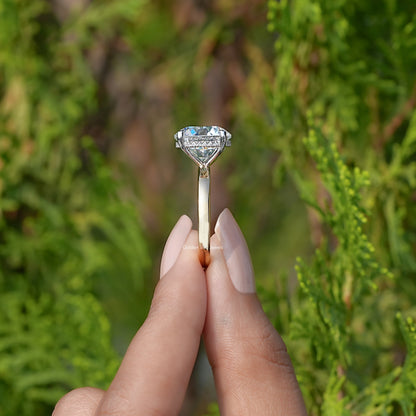 Side View of Round Cut Lab Diamond Solitaire Engagement Ring In two fingers