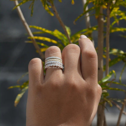 [In finger front view of moissanite round cut full eternity wedding band]-[Golden Bird Jewels]