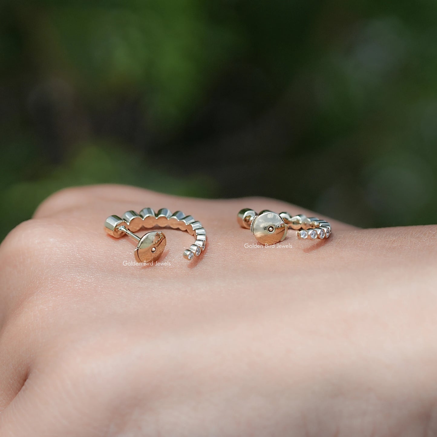 Front And Back Side View Of Moissanite Graduated C Hoop Earrings