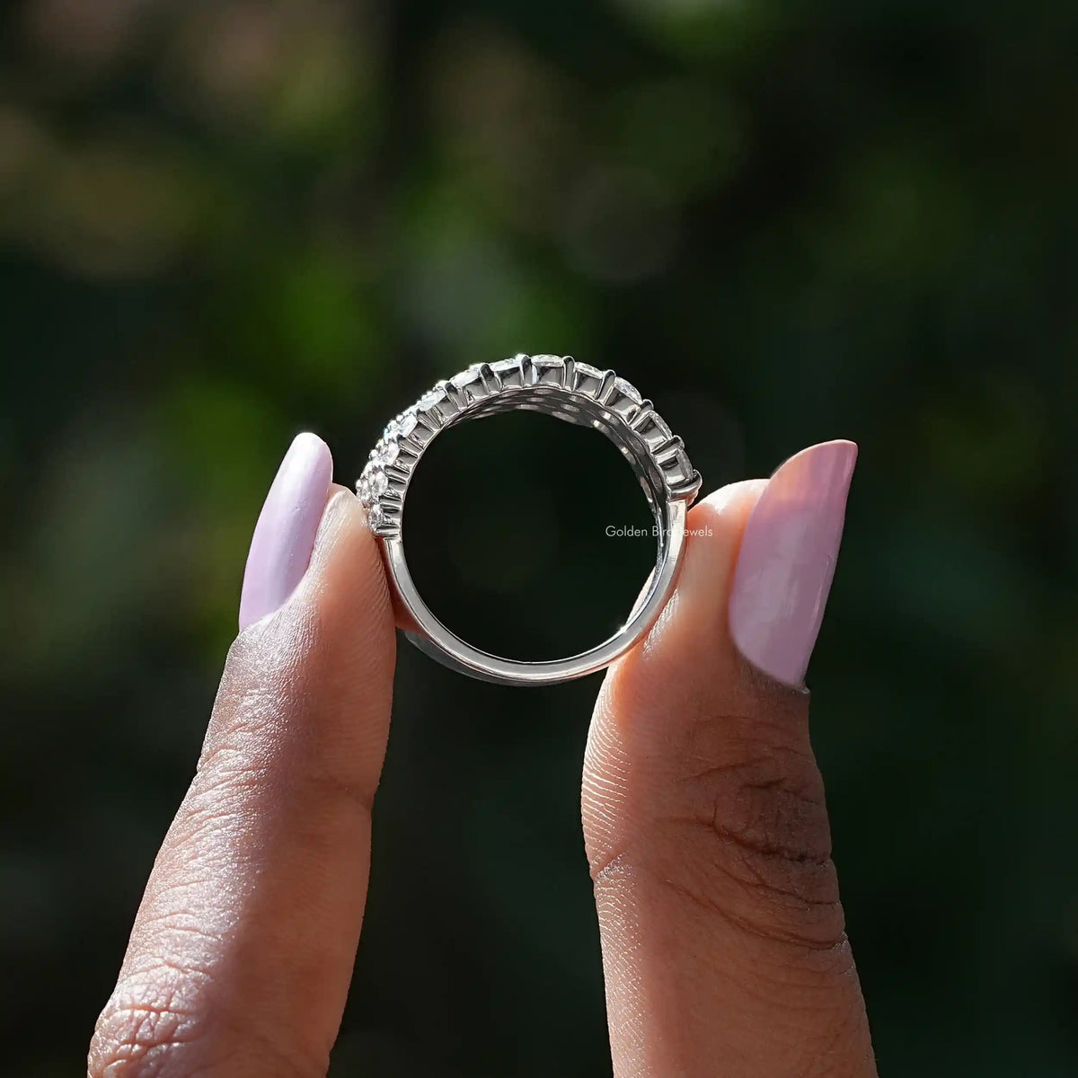 Back View of Round Cut Half Eternity Wedding Band In two fingers