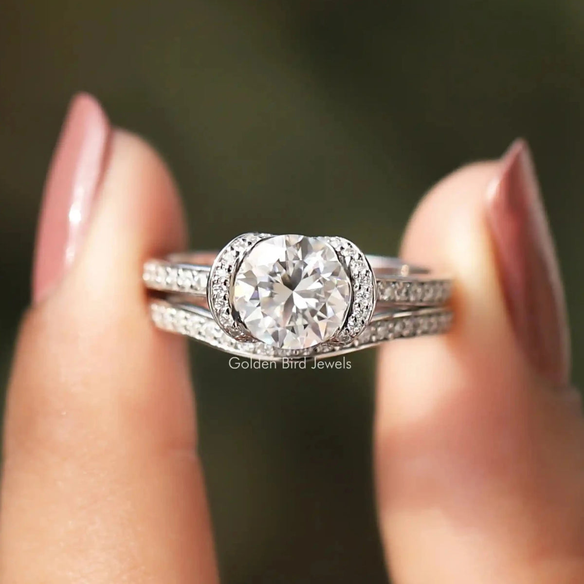 [Round Cut Moissanite Halo Bridal Ring Set]-[Golden Bird Jewels]