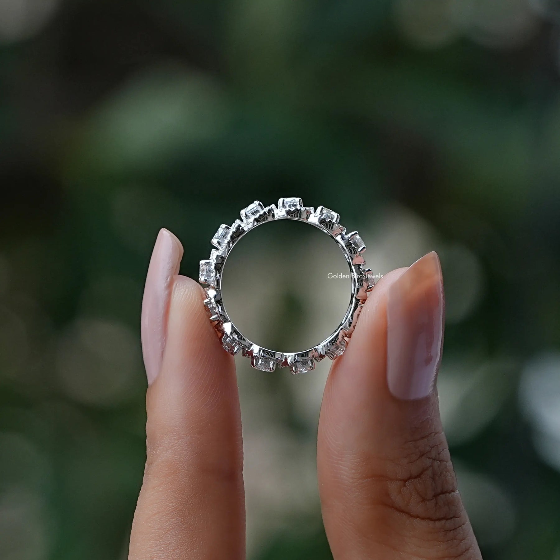 [Moissanite Round Cut Halo Eternity Band In 14K White Gold]-[Golden Bird Jewels]