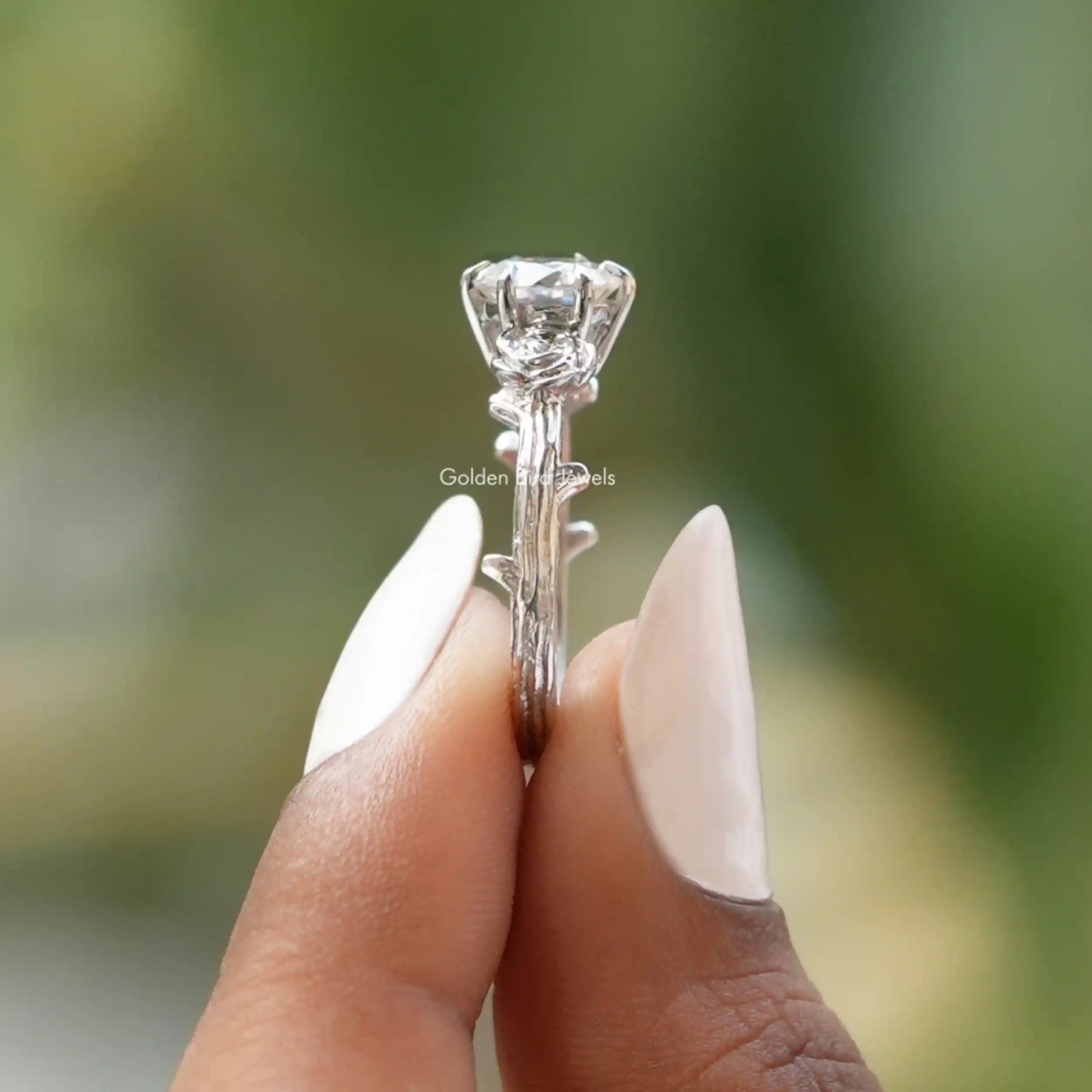 [White Gold Round Cut Moissanite Rose Floral Ring]-[Golden Bird Jewels]