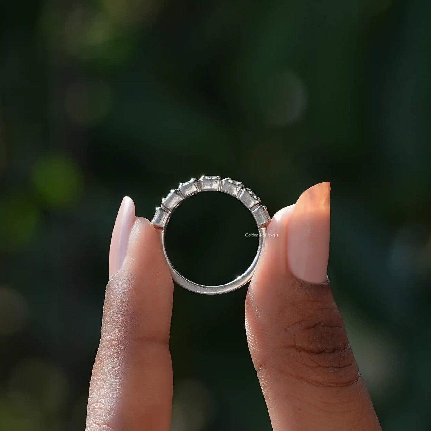 [White Gold Round Moissanite 7 Stone Band]-[Golden Bird Jewels]