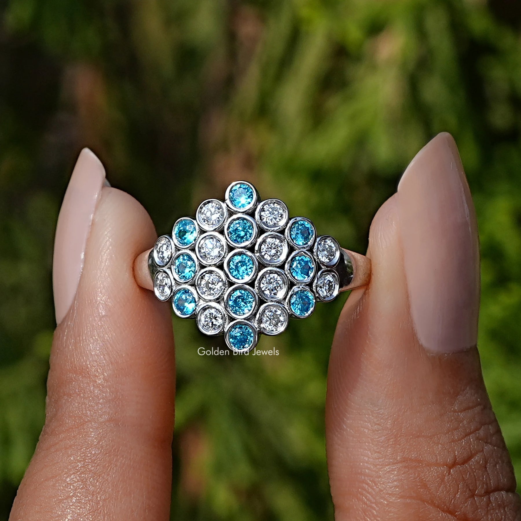 Round Cut Paraiba Gemstone Cluster Engagement Ring