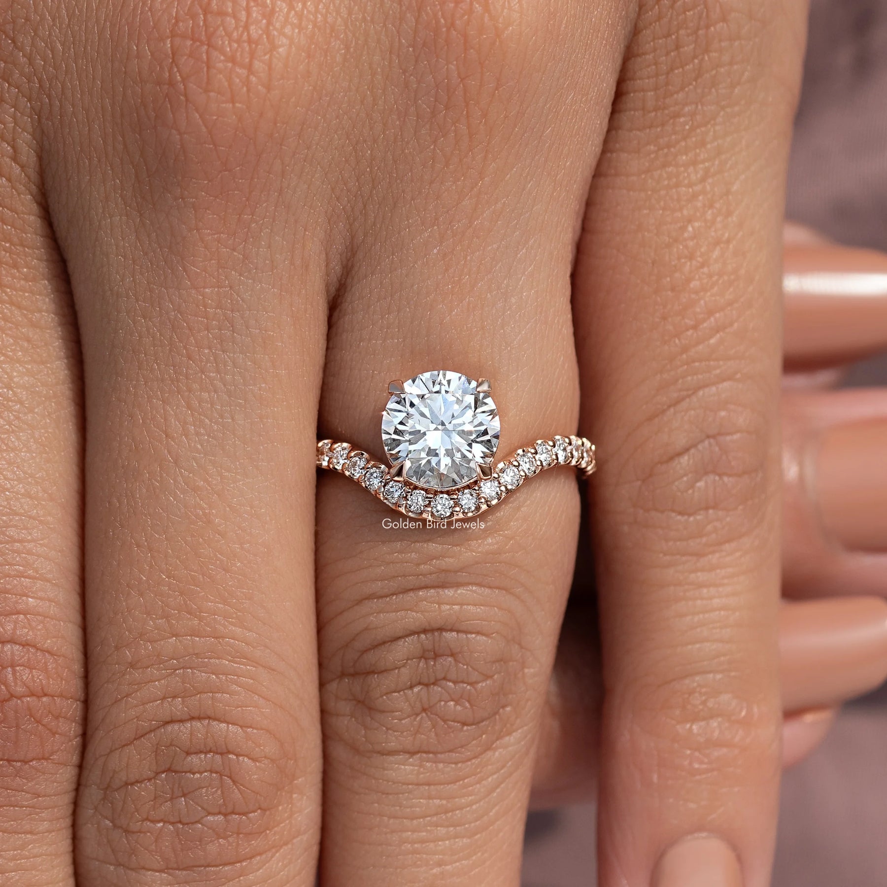 Lab Grown Round Cut Curved Accent Engagement Ring