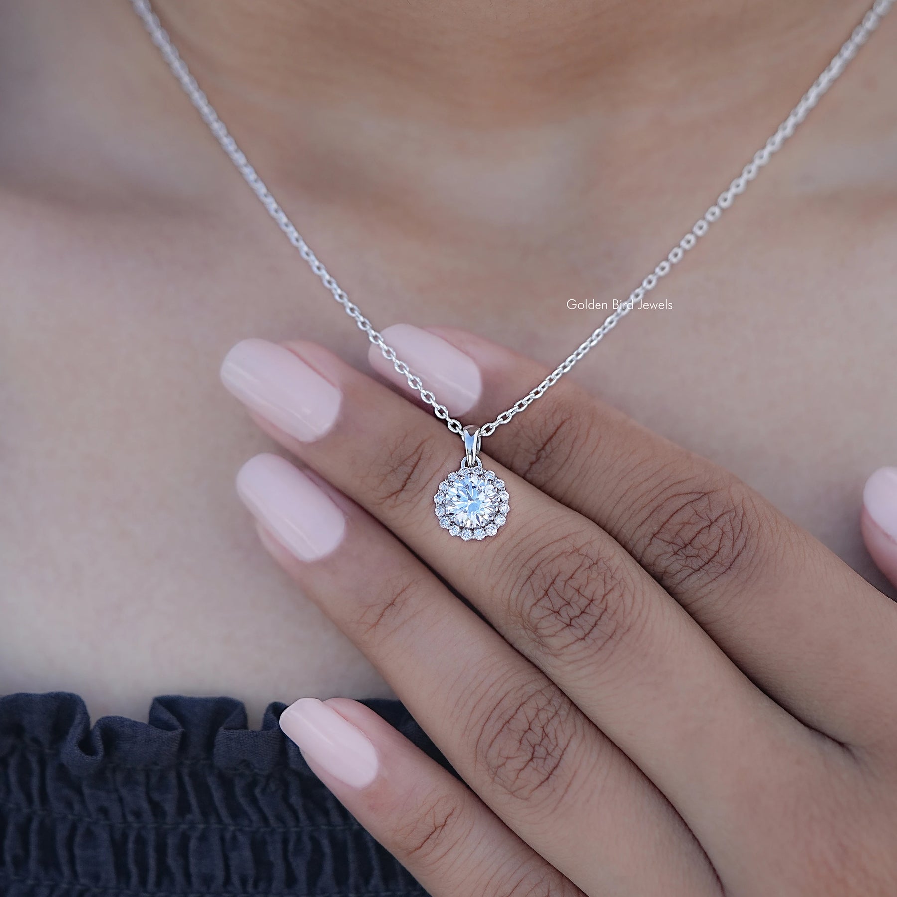 Display View of Round Cut Lab Diamond Halo Necklace