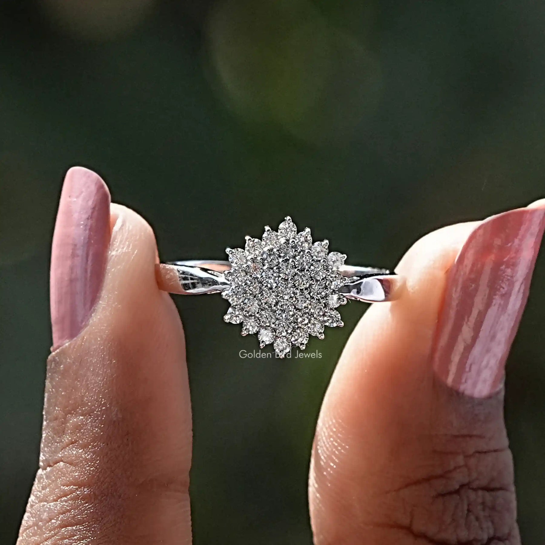 [Round Cut Diamond Cluster Engagement Ring]-[Golden Bird Jewels]