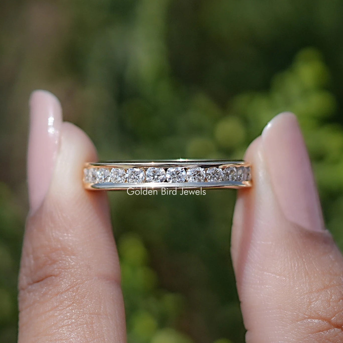 Front View of Lab Diamond Round Cut Half Channel Set Wedding Band
