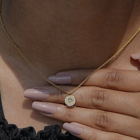 Close-Up View of Round Lab Diamond North Star Medallion Pendant In Yellow Gold