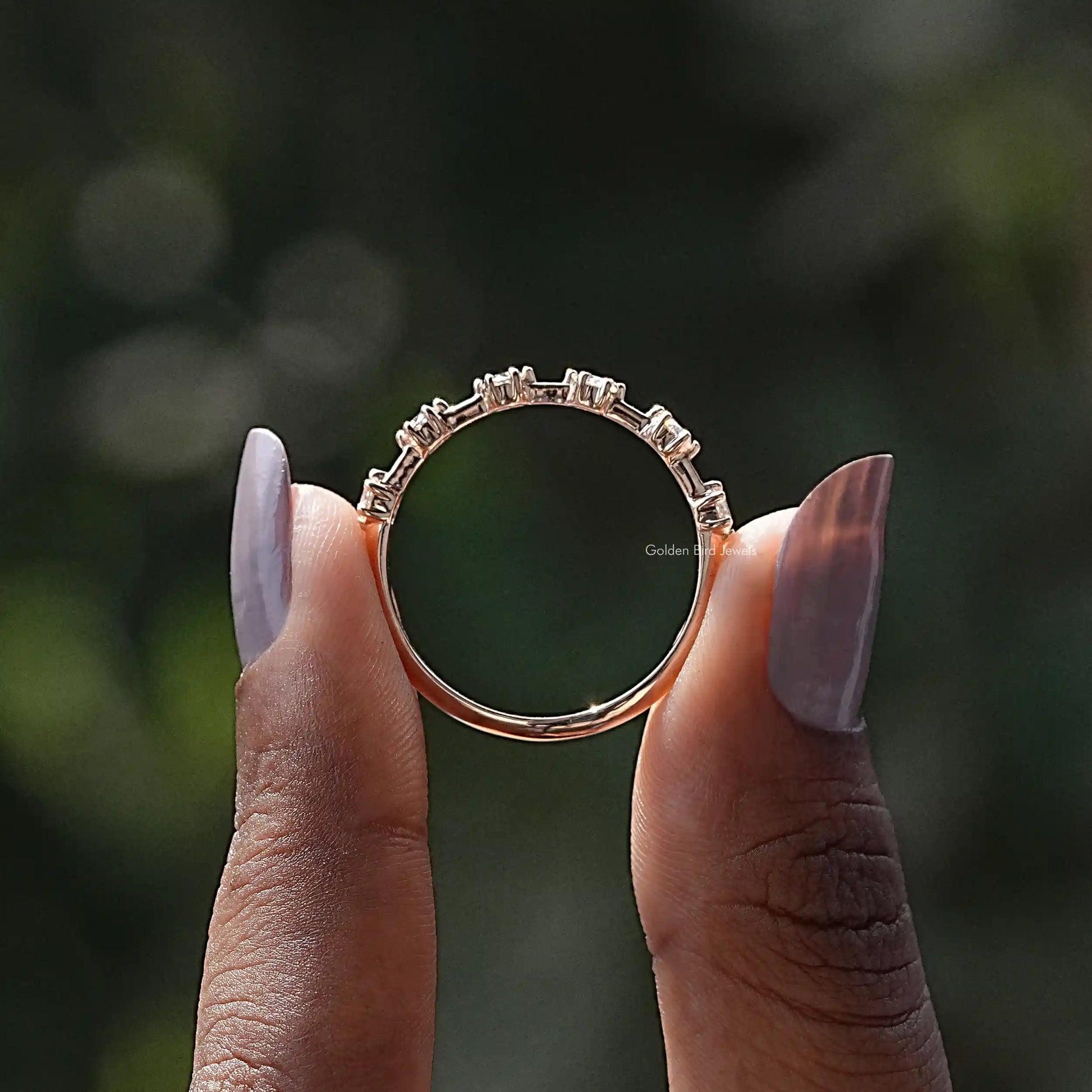 [Round Moissanite Distance Dainty Wedding Band]-[Golden Bird Jewels]