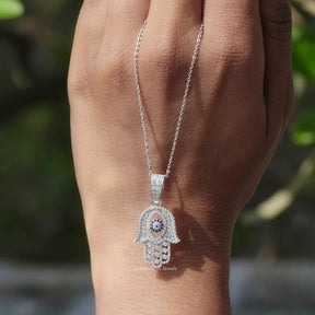 [Moissanite Round Hamsa Hand Evil eye Pendant]-[Golden Bird Jewels]