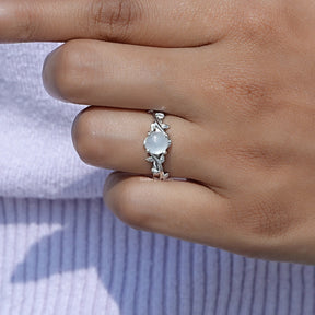 View of Round Cut Moonstone Gemstone Ring In White Gold