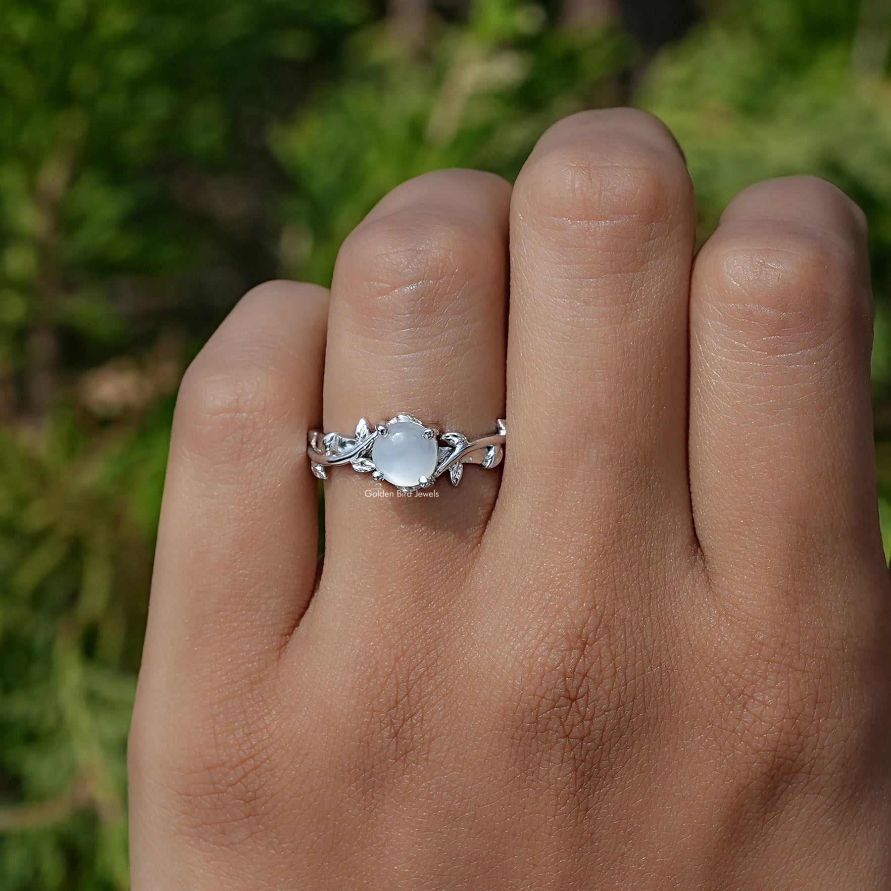 Detailed View of Round Cut Moonstone Gemstone Solitaire Ring In White Gold