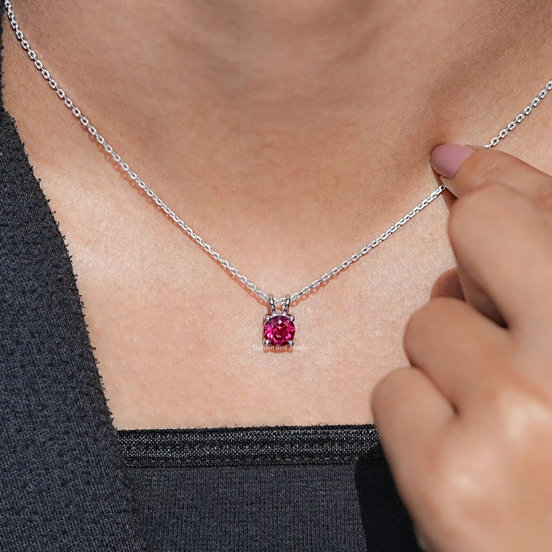 Detailed View Of Ruby Gemstone Solitaire Necklace 