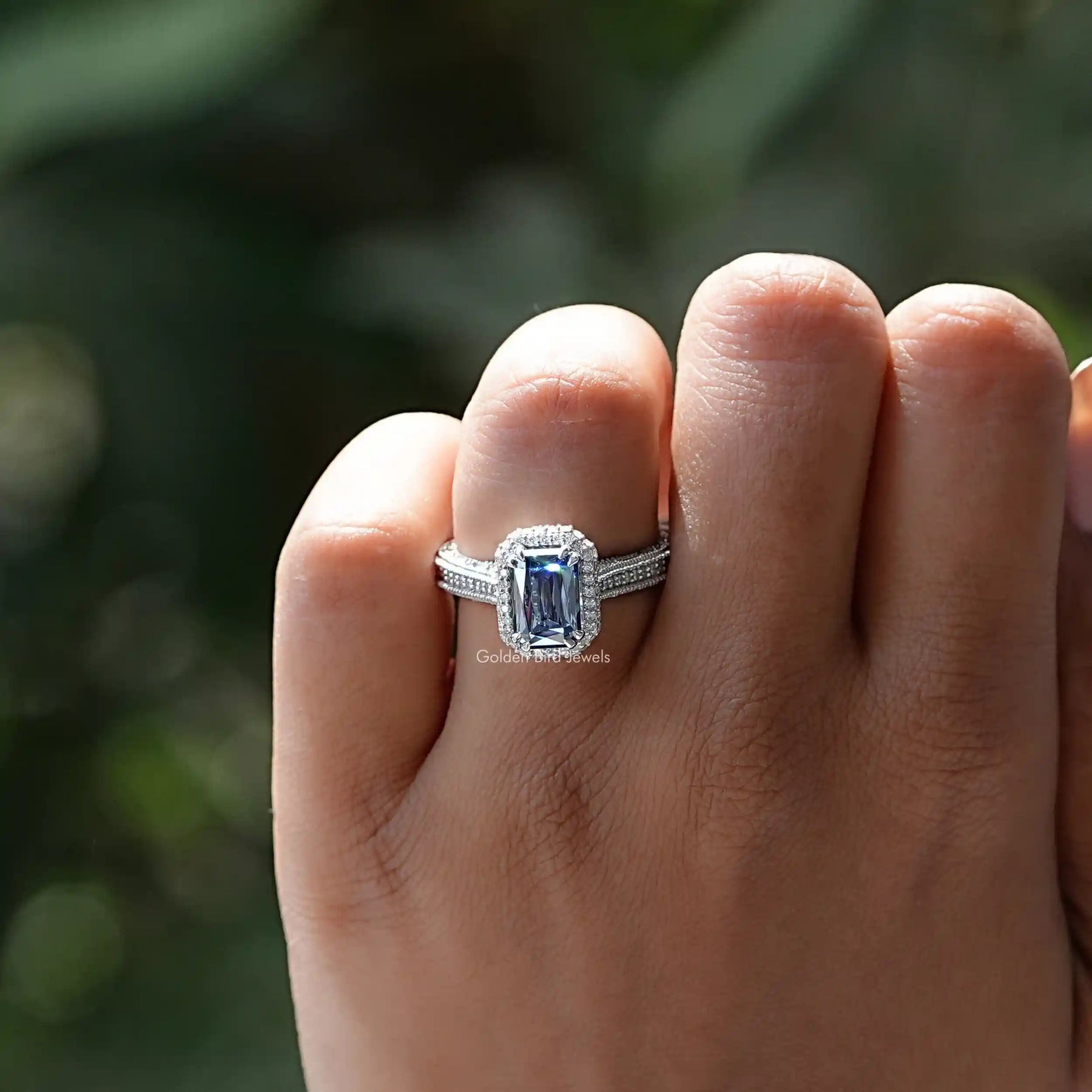 Criss Cut Sapphire Blue Moissanite Double Halo Ring